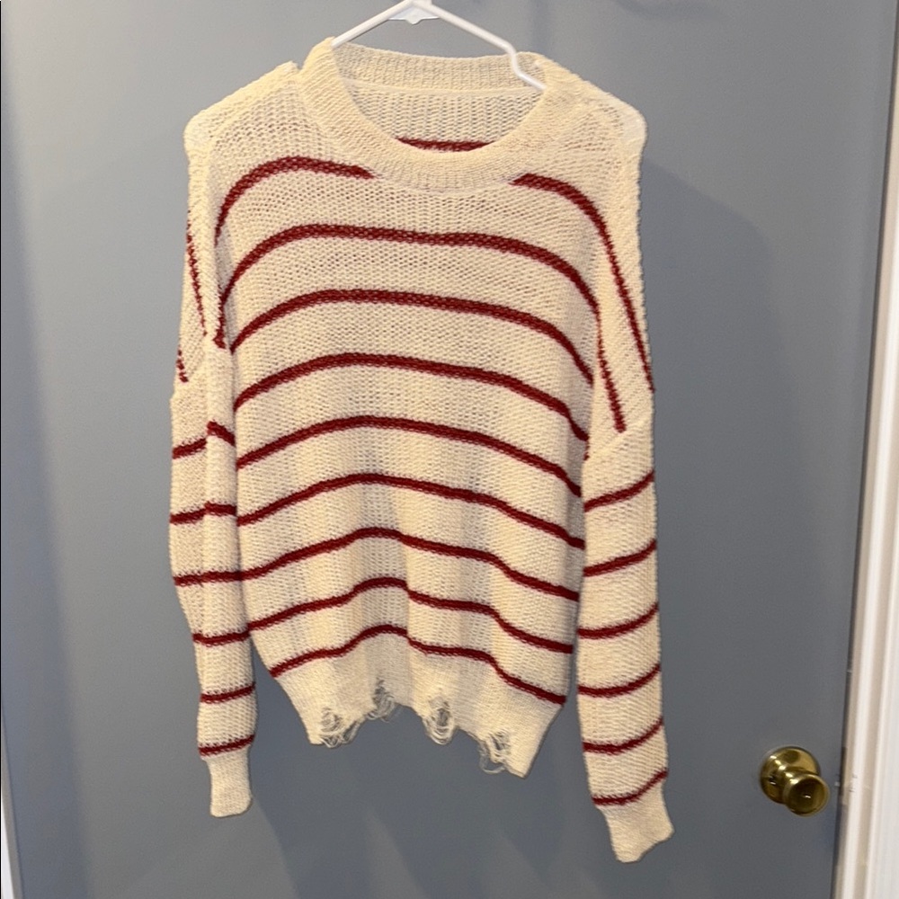 SHEIN Cream and Red Crew Neck Striped Sweater